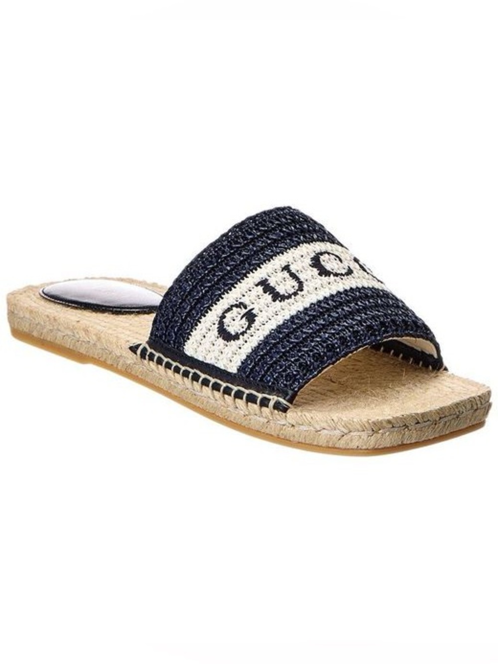 Gucci Navy Cream Raffia Logo Slide Sandal